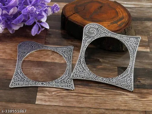 Silver-Toned Oxidised Square Pattern Kada Bangles for Women | Ethnic Fashion Bracelet | The Celvin